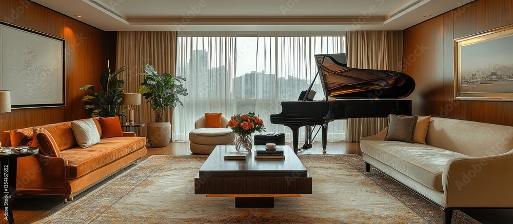 Fototapeta premium Luxurious Living Room with Piano and City View