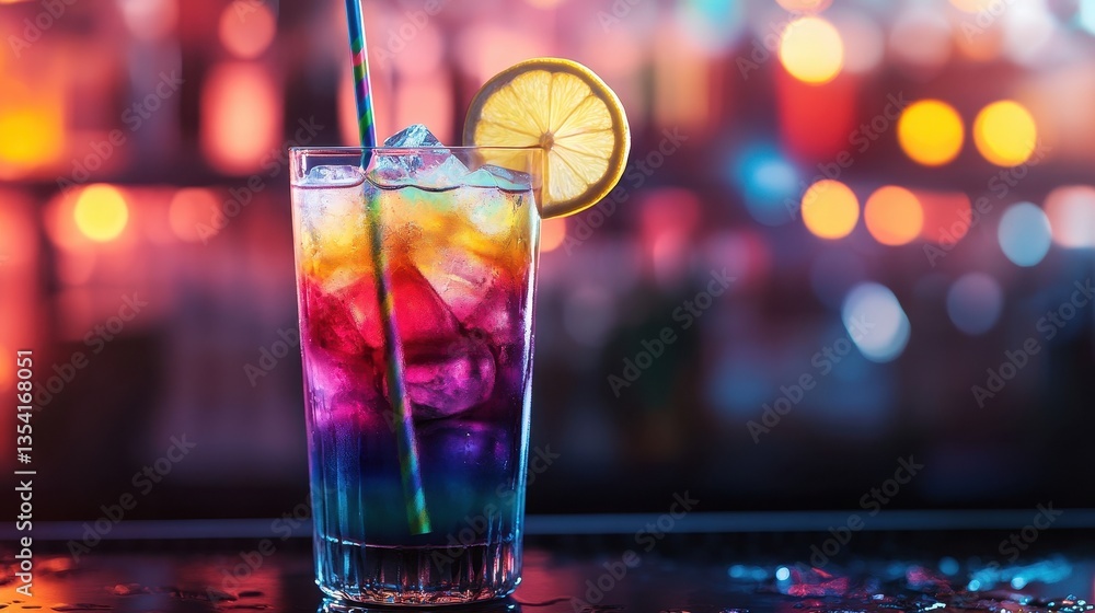 Fototapeta premium Vibrant rainbow layered cocktail served in a tall glass with ice, perfectly garnished with a lemon slice, radiating color against a blurred bar atmosphere