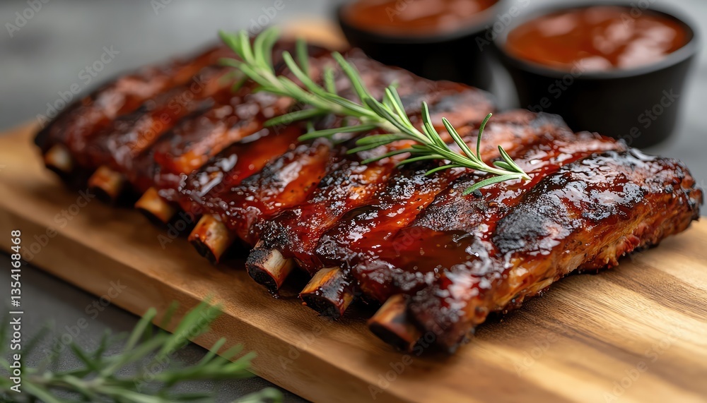 Barbecue ribs glazed with sauce, presented on a wooden board with rosemary Barbecue ribs glazed with sauce, presented on a wooden board with rosemary