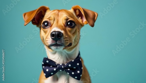 Close-up of a stylish pincher dog with a polka dot bow tie, cute, animal