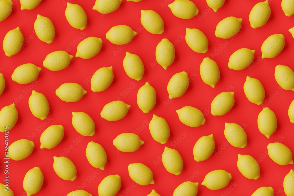 Many lemons on red background. Top flat view, diagonal grid. 3d render, illustration