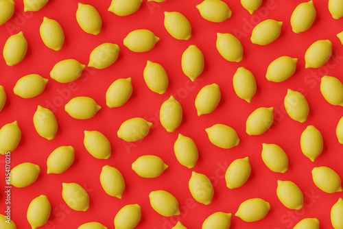 Obraz na płótnie Many lemons on red background. Top flat view, diagonal grid. 3d render, illustration w salonie