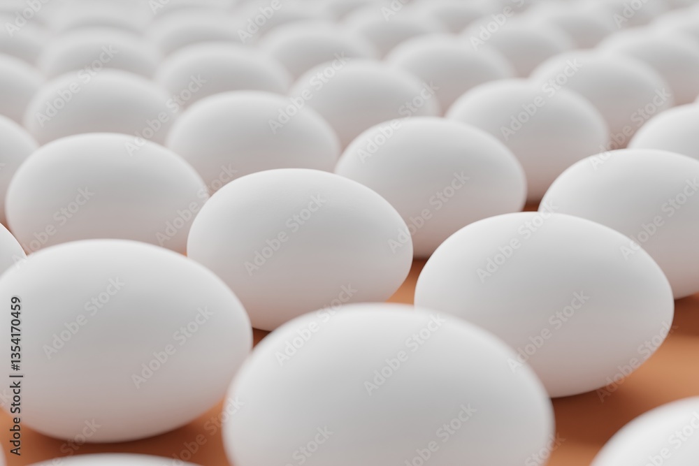 Many white eggs on sienna background. Closeup view, macro shot, selective focusmacro shot. 3d render, illustration Many white eggs on sienna background. Closeup view, macro shot, selective focusmacro shot. 3d render, illustration