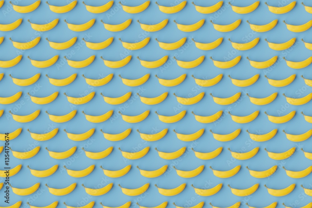 Many bananas on steel blue background. Top flat view, diagonal grid. 3d render, illustration