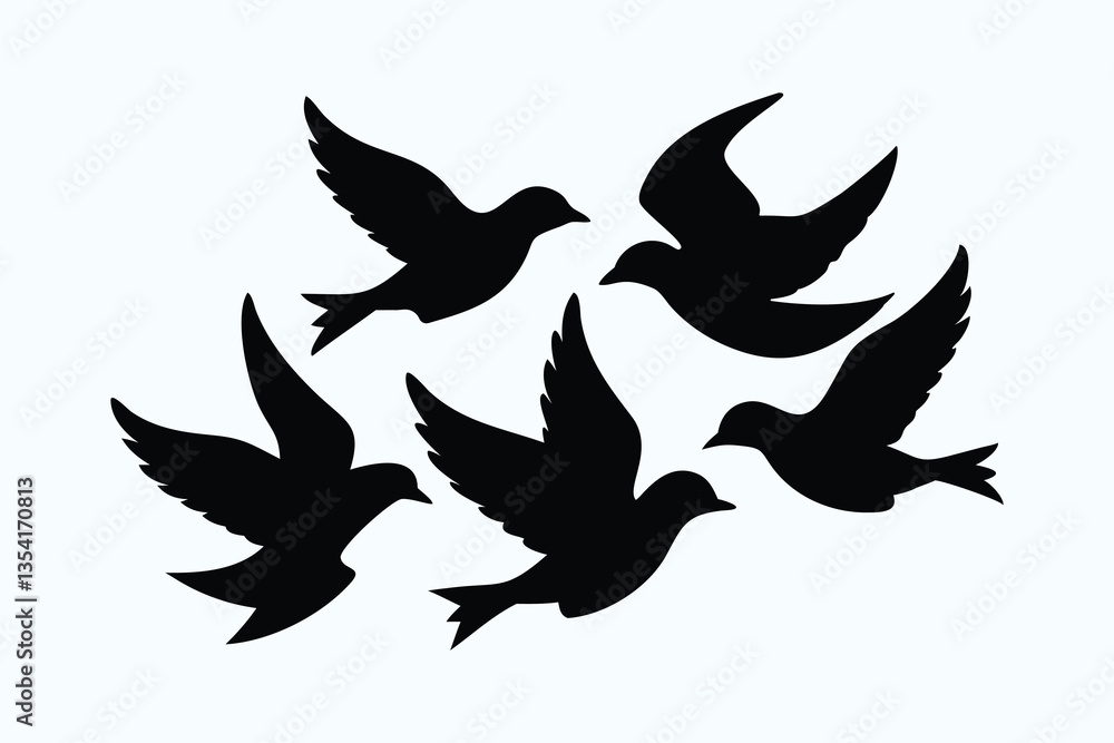 Obraz premium Minimalist Black and White Silhouette of Various Birds in Flight