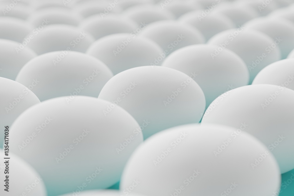 Many white eggs on turquoise background. Closeup view, macro shot, selective focusclose up shot. 3d render, illustration