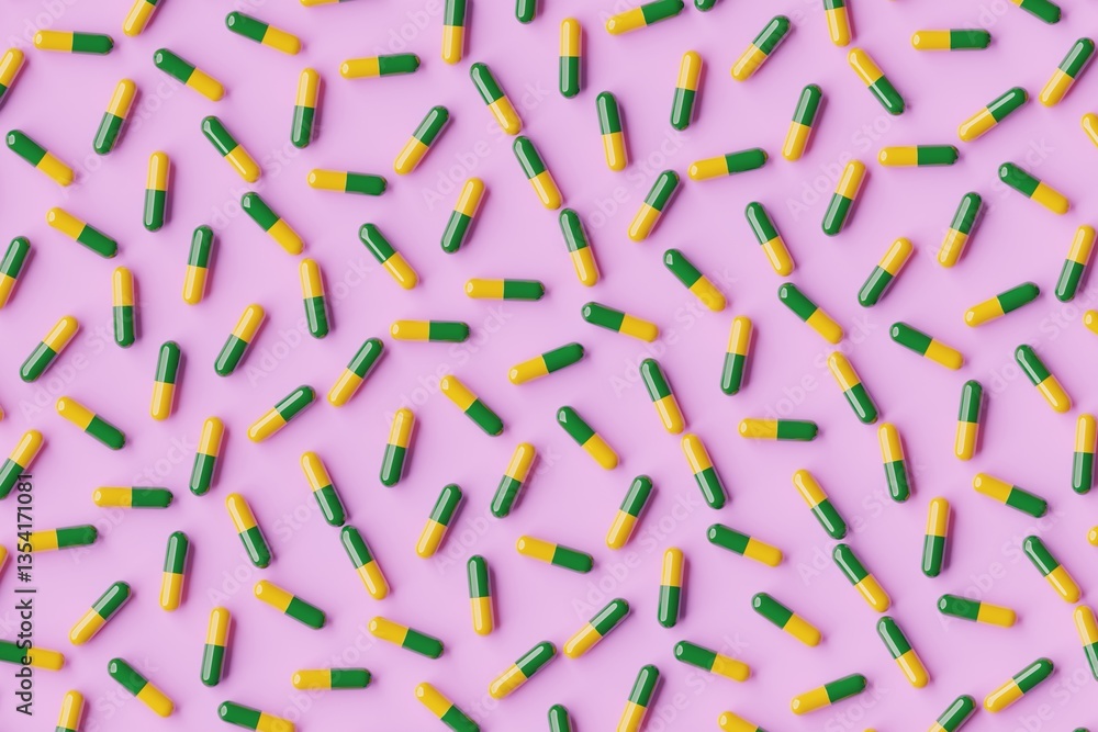 Many green and yellow pills on violet background. Top flat view, symmetrical grid. 3d render, illustration