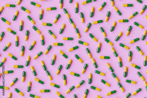 Obraz na płótnie Many green and yellow pills on violet background. Top flat view, symmetrical grid. 3d render, illustration w salonie