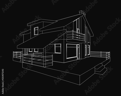 A house with a slanted roof and a balcony. The house is black and white. The house is a modern design