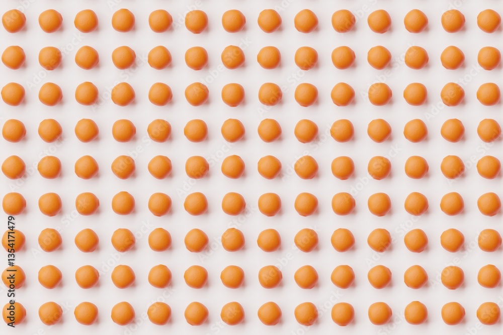 Many oranges on white background. Top flat view, horizontal. 3d render, illustration
