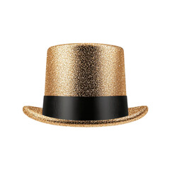 Gold glitter top hat with black band on transparent background. Celebration, party, and festive concept.