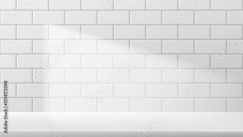 Template of clear white tile wall with blank surface. White ceramic wall tiles texture background with white desk. Vector illustration with tile wall in bathroom, kitchen with light of window.