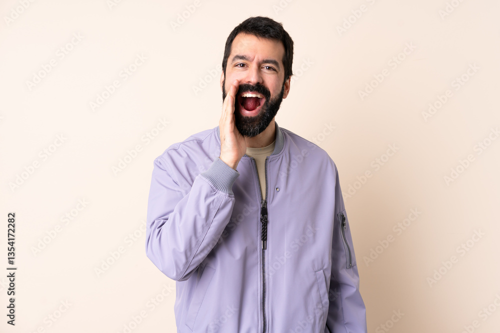 Caucasian man with beard wearing a jacket over isolated background shouting with mouth wide open Caucasian man with beard wearing a jacket over isolated background shouting with mouth wide open