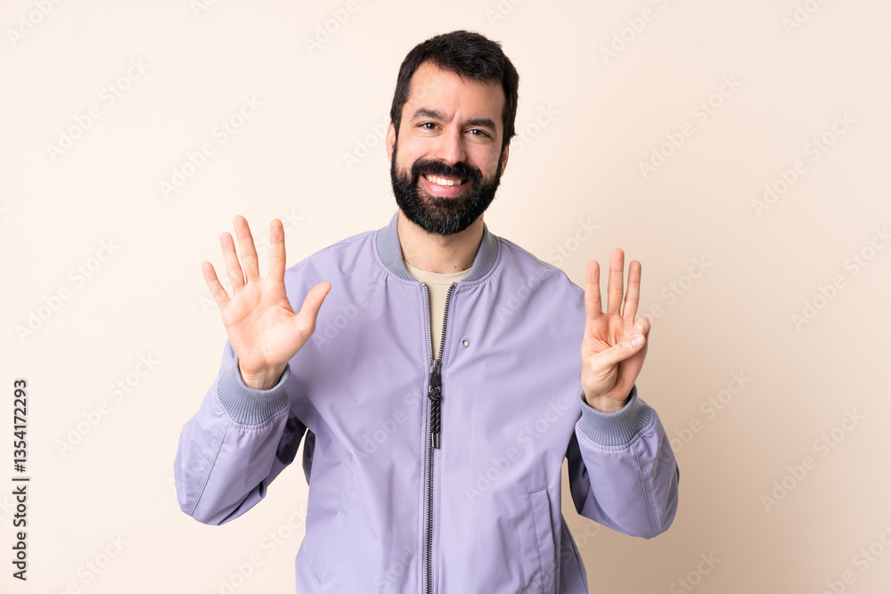 Caucasian man with beard wearing a jacket over isolated background counting eight with fingers Caucasian man with beard wearing a jacket over isolated background counting eight with fingers