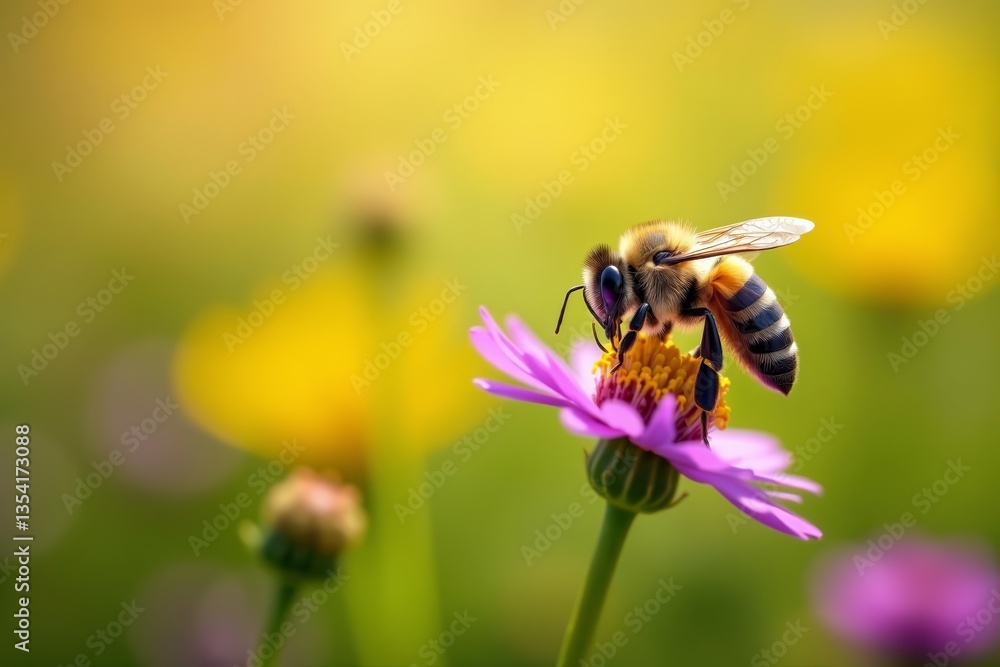 Close-up of bee collecting nectar from wildflowers in a sunny summer field, wildflowers, fauna Close-up of bee collecting nectar from wildflowers in a sunny summer field, wildflowers, fauna