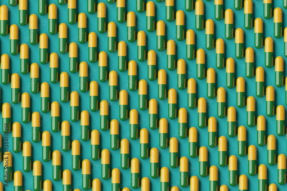 Many green and yellow pills on teal background. Top flat view, diagonal grid. 3d render, illustration
