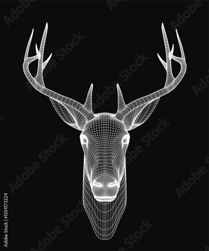 A deer head is shown in black and white. The image is a stylized rendering of a deer head, with the antlers and horns clearly visible. Scene is one of elegance and sophistication, with the black
