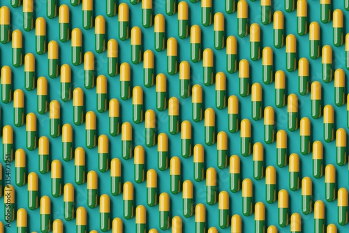 Obraz na płótnie Many green and yellow pills on teal background. Top flat view, diagonal grid. 3d render, illustration w salonie