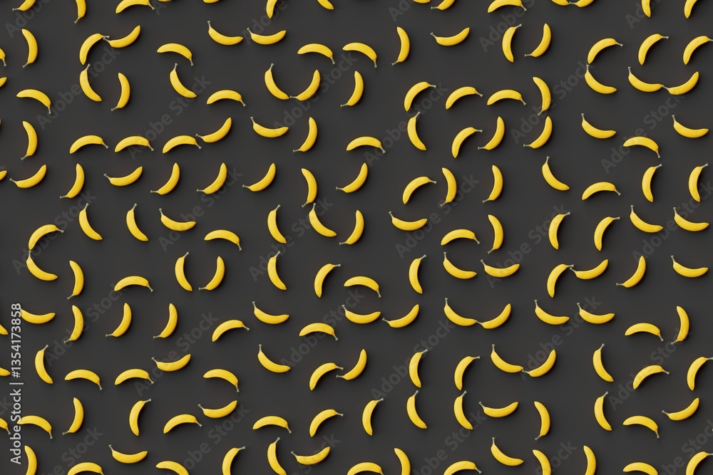 Many bananas on black background. Top flat view, disorder and grid, diagonal. 3d render, illustration