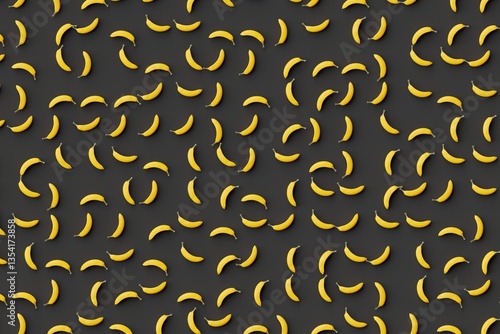 Obraz na płótnie Many bananas on black background. Top flat view, disorder and grid, diagonal. 3d render, illustration w salonie