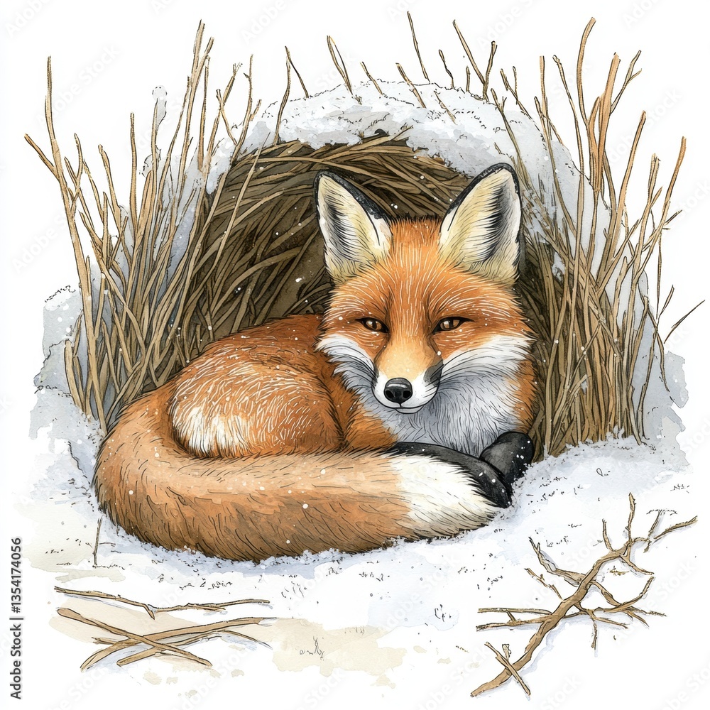 Obraz premium Delightful watercolor painting of a fox curled in a , sleeping warmly in a snowy den during the winter season