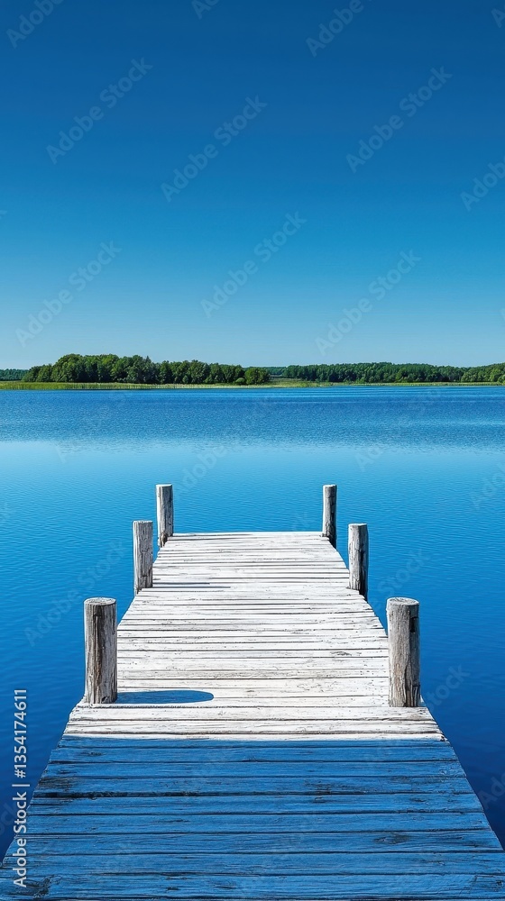 Fototapeta premium Serene Rustic Wooden Pier Under Clear Blue Summer Sky