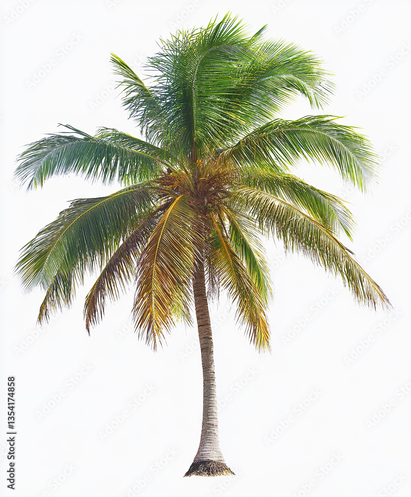Obraz premium Isolated palm tree on white background, vibrant green leaves
