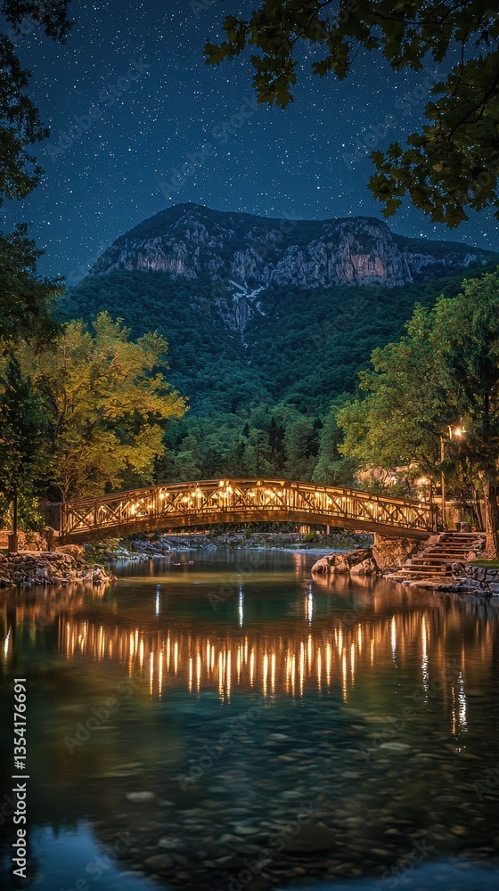 Fototapeta premium Twilight Sky Over Old Wooden Bridge with Deep Blue Reflection