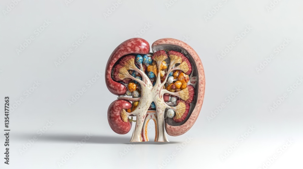 Naklejka premium Detailed Anatomical Rende of a Human Kidney Dissected to Reveal Colorful Internal Structures and Nephrons Connected by Intricate Branching