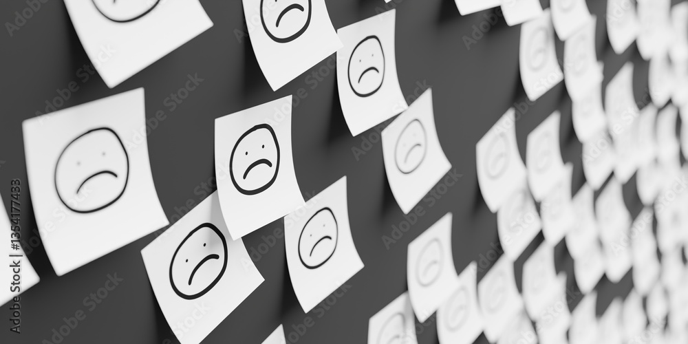 Many white stickers on black board background with sad face symbol drawn on them. Closeup view with narrow depth of field and selective focus. 3d render, Illustration