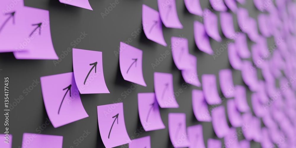 Many green stickers on black board background with growth symbol drawn on them. Closeup view with narrow depth of field and selective focus. 3d render, Illustration