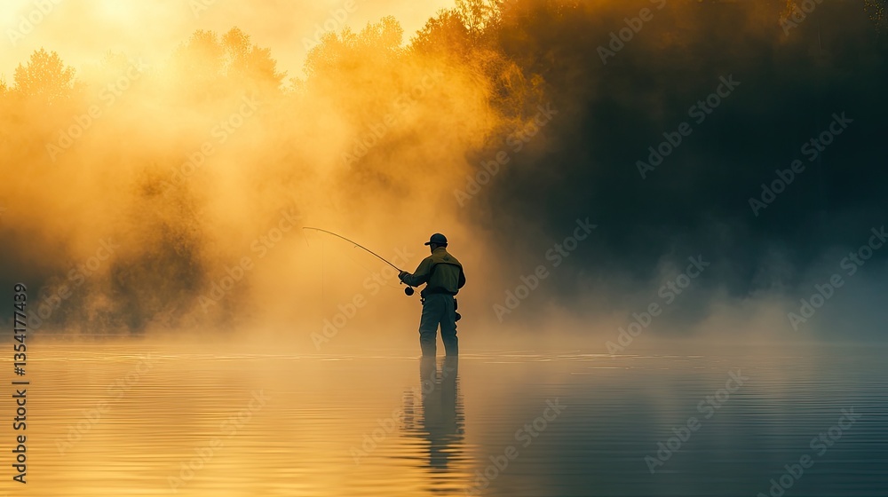 Silhouette of a fisherman standing in calm water during a misty sunrise. Autumn trees in golden light reflecting on the surface of the lake. Peaceful outdoor nature concept. Generative AI Silhouette of a fisherman standing in calm water during a misty sunrise. Autumn trees in golden light reflecting on the surface of the lake. Peaceful outdoor nature concept. Generative AI