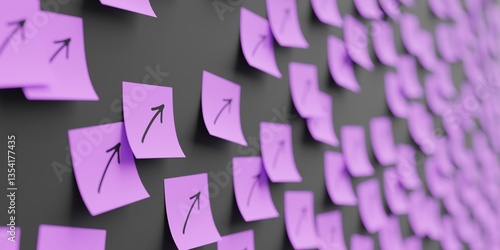 Many green stickers on black board background with growth symbol drawn on them. Closeup view with narrow depth of field and selective focus. 3d render, Illustration