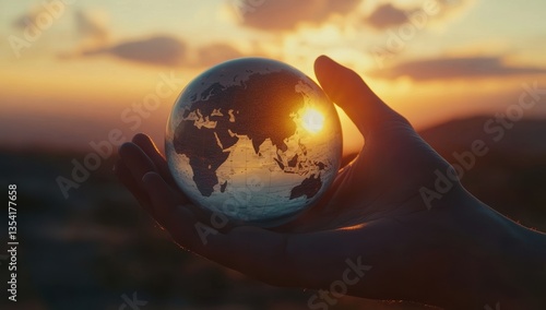 Fototapeta Naklejka Na Ścianę i Meble -  Globe in hand against a beautiful sunset with light reflecting on the earth symbolizing global unity and peace