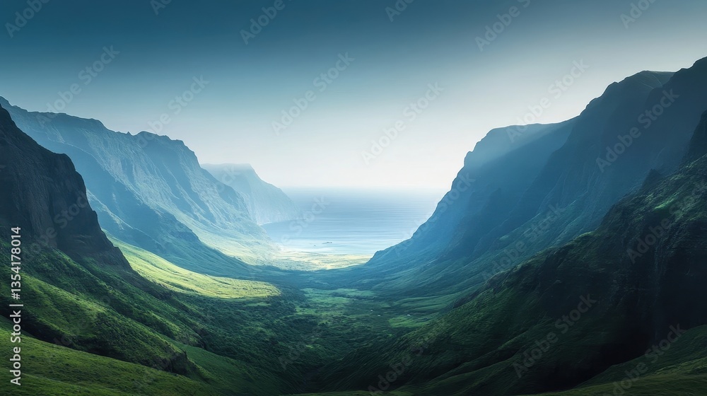 Obraz premium serene valley landscape lush green mountains ocean view