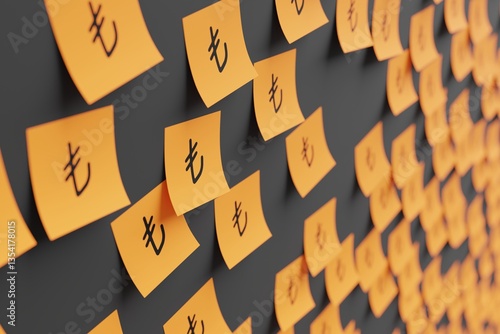 Many orange stickers on black board background with symbol of Turkey lira drawn on them. Closeup view with narrow depth of field and selective focus. 3d render, illustration