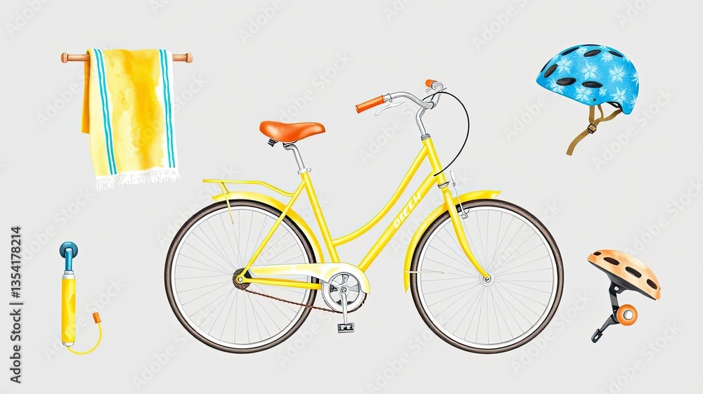 Fototapeta premium Summer Cycling Yellow Bike Helmets Towel Pump