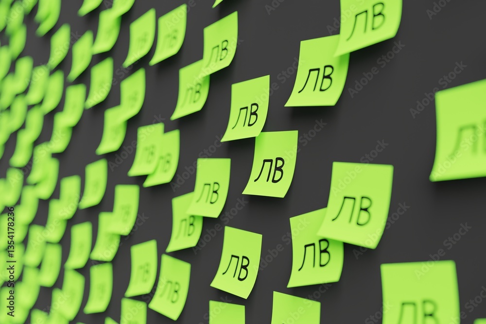 Many green stickers on black board background with symbol of Uzbekistan som drawn on them. Closeup view with narrow depth of field and selective focus. 3d render, illustration