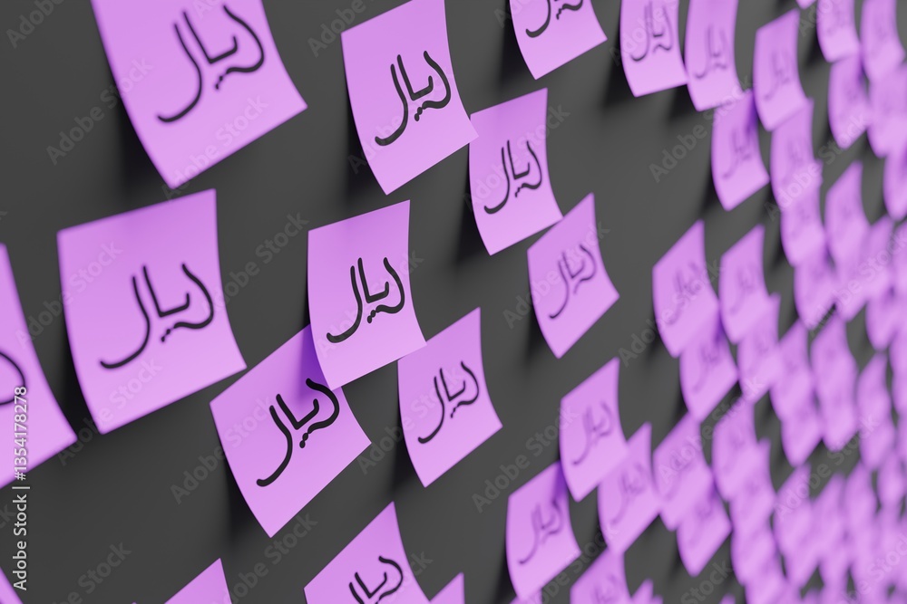 Many violet stickers on black board background with symbol of Yemen rial drawn on them. Closeup view with narrow depth of field and selective focus. 3d render, illustration
