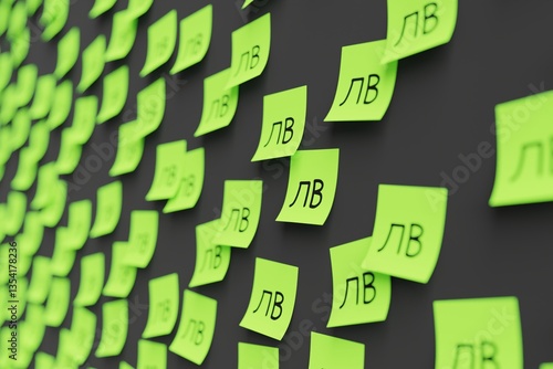 Obraz na płótnie Many green stickers on black board background with symbol of Uzbekistan som drawn on them. Closeup view with narrow depth of field and selective focus. 3d render, illustration w salonie