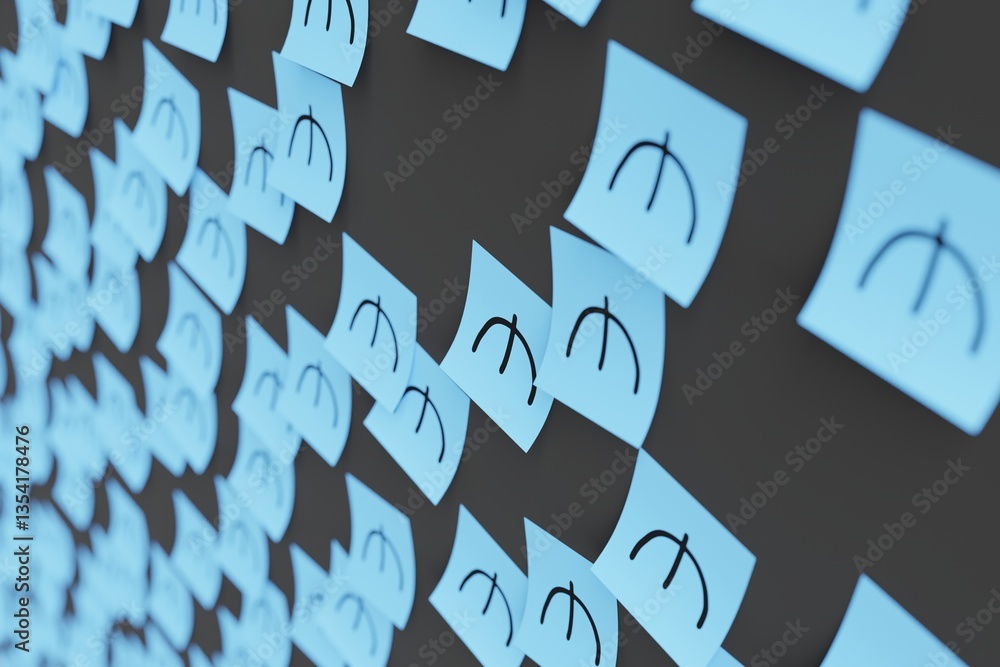 Many blue stickers on black board background with symbol of Azerbaijan manat drawn on them. Closeup view with narrow depth of field and selective focus. 3d render, illustration