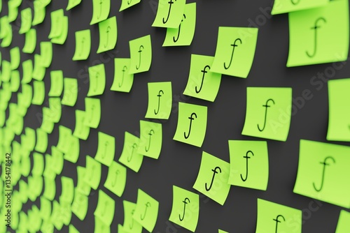 Obraz na płótnie Many green stickers on black board background with symbol of Aruba guilder drawn on them. Closeup view with narrow depth of field and selective focus. 3d render, illustration w salonie