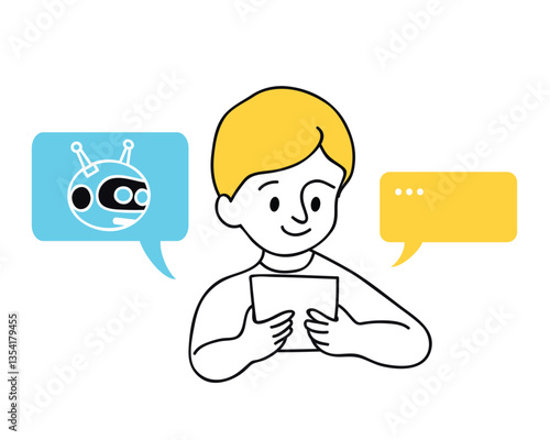 Little boy communicate with chatbot, chat bot chat with artificial intelligence technology. Simple cartoon vector illustration, technology concept.