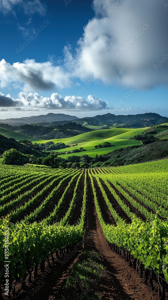 Radiant Blue Sky Over Picturesque Vineyard Landscape in Green Hills Radiant Blue Sky Over Picturesque Vineyard Landscape in Green Hills