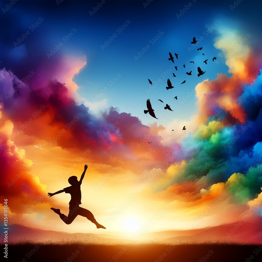 Obraz premium Leaping into a Colorful Sunset Sky with Birds 