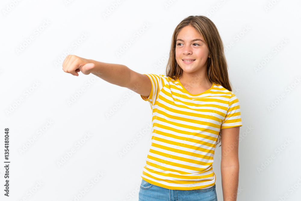 Fototapeta premium Little caucasian girl isolated on white background giving a thumbs up gesture