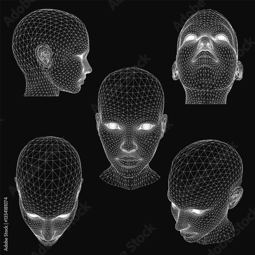 A series of black and white images of faces with a grid pattern. The faces are all different sizes and angles, but they all have a similar look. The overall mood of the images is somewhat eerie