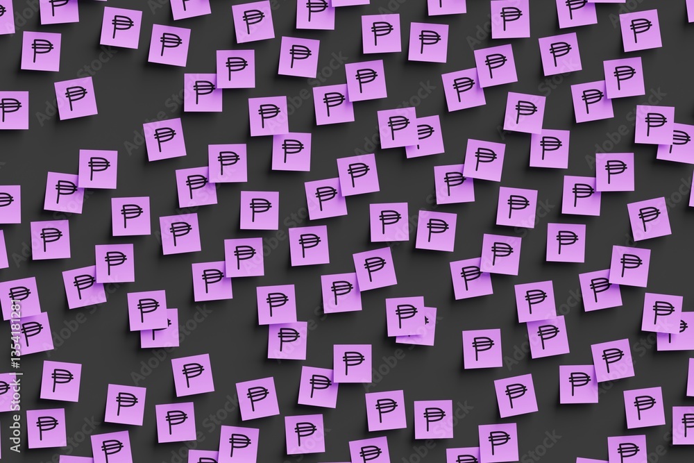 Many violet stickers on black board background with symbol of Philippines peso drawn on them. Flat view. 3d render, illustration