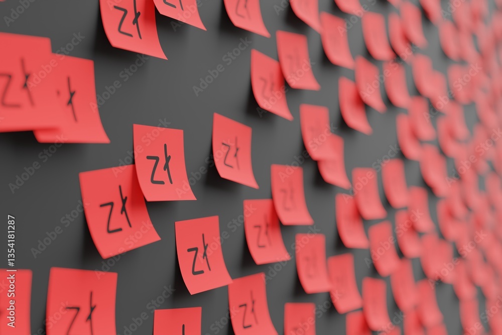 Many red stickers on black board background with symbol of Poland zloty drawn on them. Closeup view with narrow depth of field and selective focus. 3d render, illustration