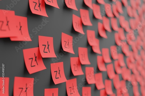 Many red stickers on black board background with symbol of Poland zloty drawn on them. Closeup view with narrow depth of field and selective focus. 3d render, illustration